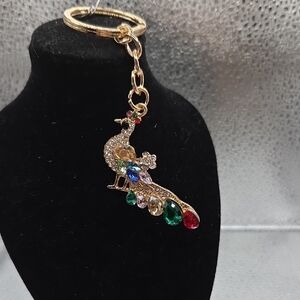 Elegant Gold Peacock Keychain with Multicolor Crystals